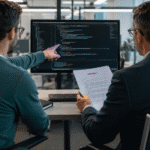 Software developer and lawyer reviewing a software licensing agreement together at a workstation