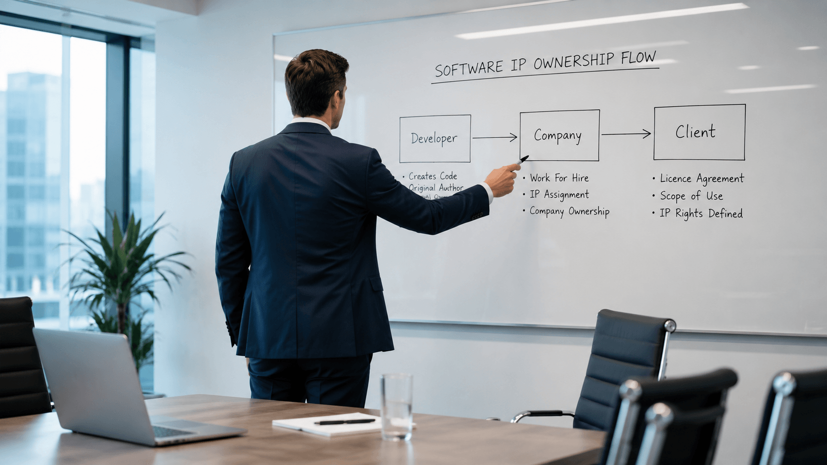 Professional in suit presenting software IP ownership structure diagram on whiteboard in meeting room