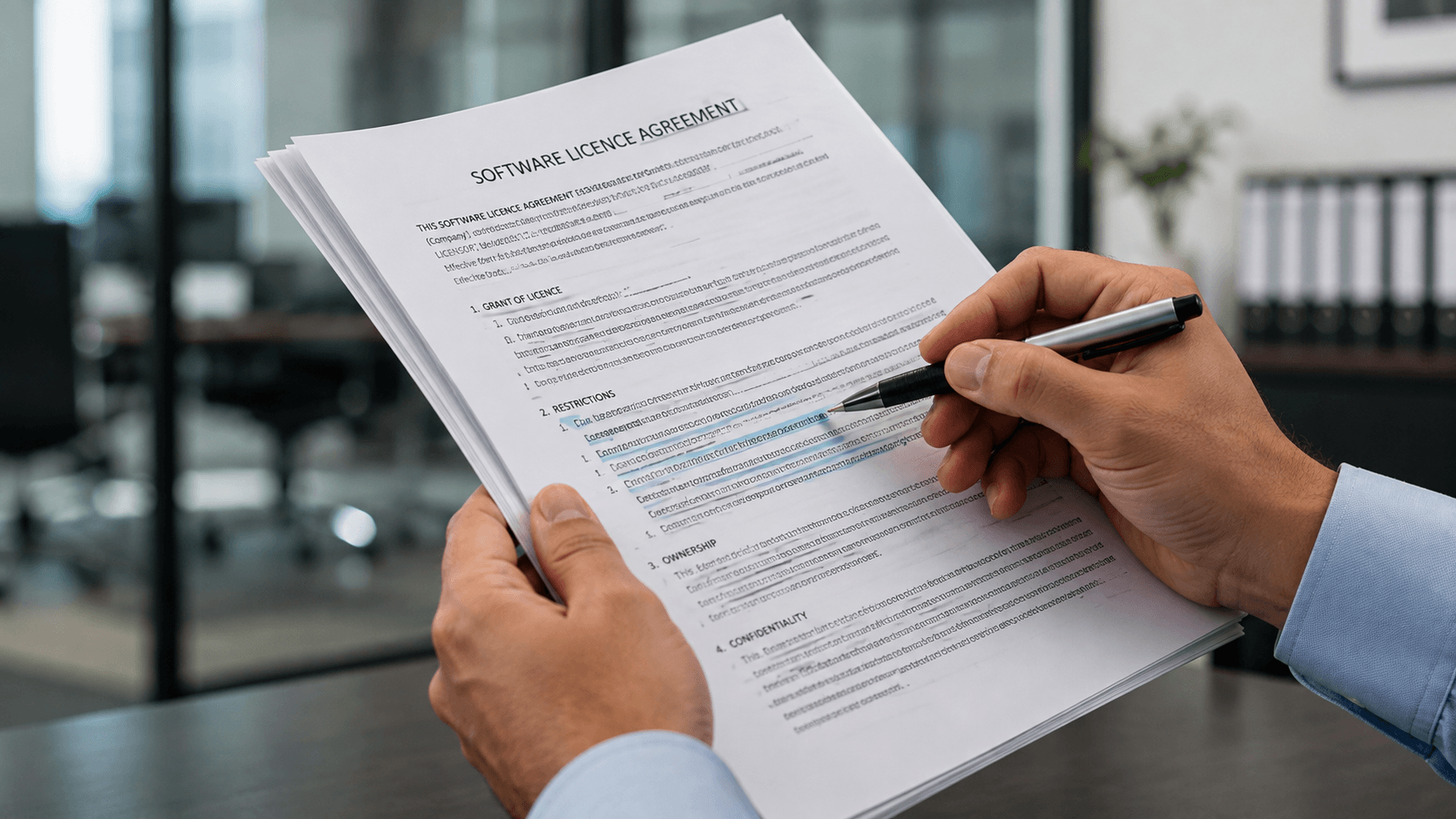 Corporate lawyer in suit jacket reviewing and marking clauses in a printed software licence agreement