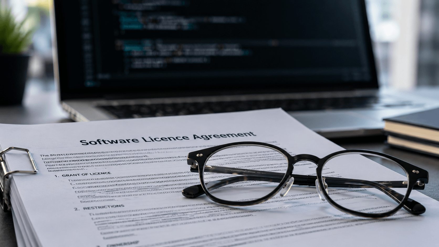 Reading glasses on printed Software Licence Agreement with laptop showing code in soft focus background
