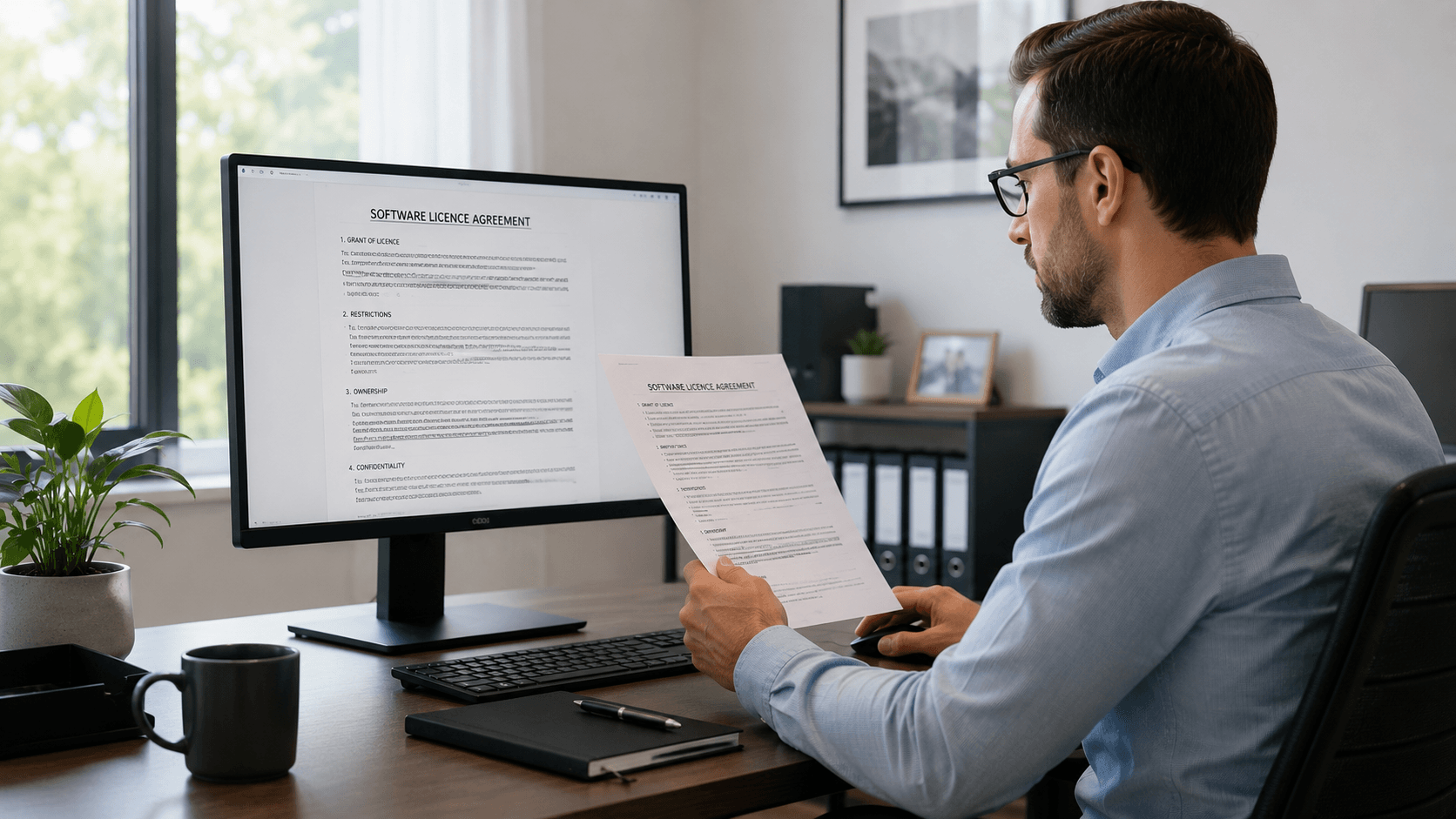 Professional comparing terms and conditions on desktop monitor with printed document copy