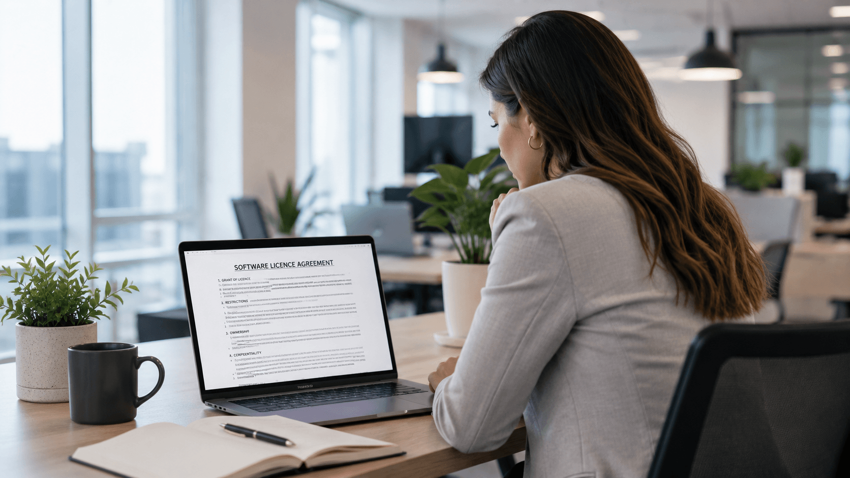 Business professional in blazer reviewing website terms and conditions on laptop in bright modern office