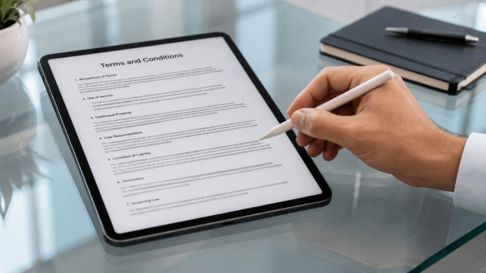 Hand using stylus to scroll through a terms and conditions document on a tablet screen